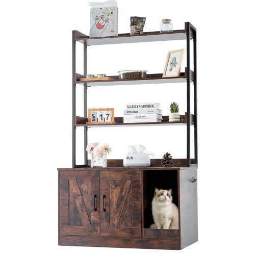 Hidden Litter Box Furniture with Shelves — Cat Cabinet with Scratching Board