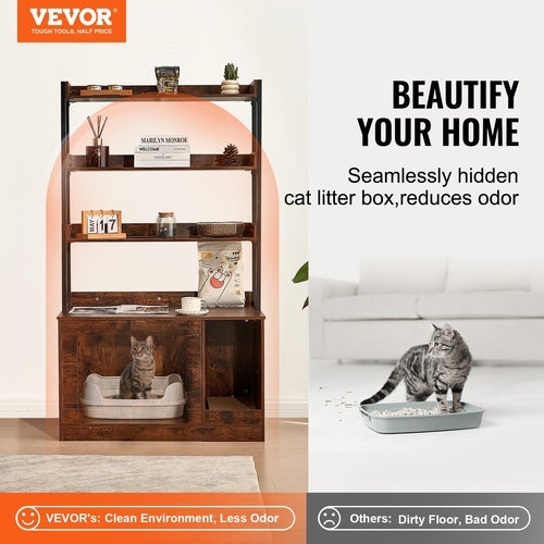 Hidden Litter Box Furniture with Shelves — Cat Cabinet with Scratching Board