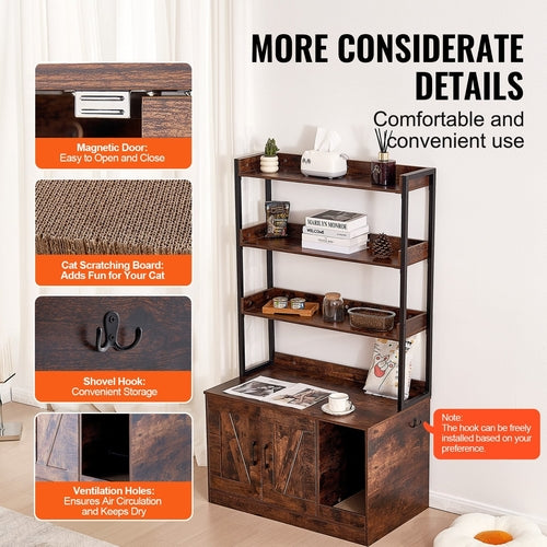 Hidden Litter Box Furniture with Shelves — Cat Cabinet with Scratching Board