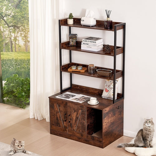 Hidden Litter Box Furniture with Shelves — Cat Cabinet with Scratching Board