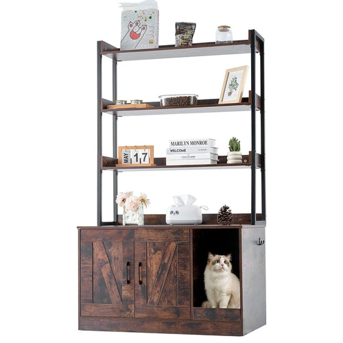 Hidden Litter Box Furniture with Shelves — Cat Cabinet with Scratching Board