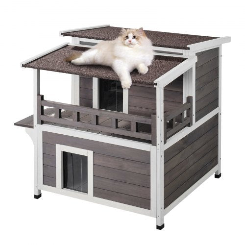 Luxury Outdoor Cat House with Balcony — Weatherproof Wooden Shelter for Multiple Cats