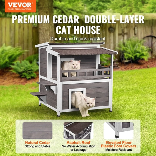 Luxury Outdoor Cat House with Balcony — Weatherproof Wooden Shelter for Multiple Cats