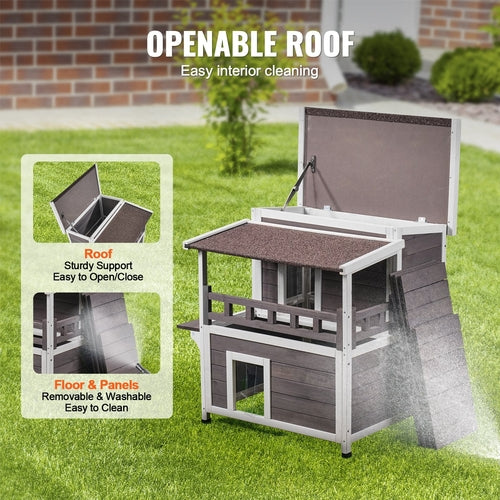 Luxury Outdoor Cat House with Balcony — Weatherproof Wooden Shelter for Multiple Cats
