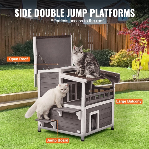 Luxury Outdoor Cat House with Balcony — Weatherproof Wooden Shelter for Multiple Cats