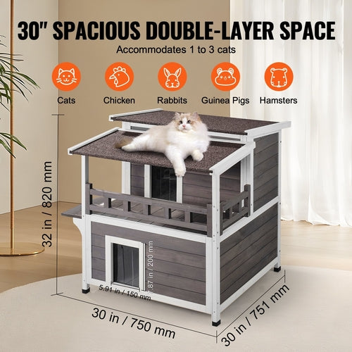 Luxury Outdoor Cat House with Balcony — Weatherproof Wooden Shelter for Multiple Cats