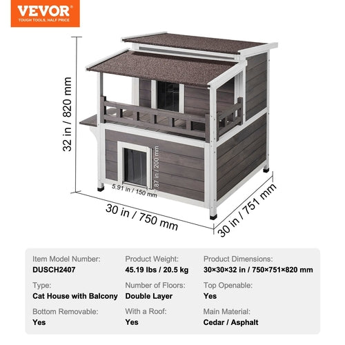Luxury Outdoor Cat House with Balcony — Weatherproof Wooden Shelter for Multiple Cats