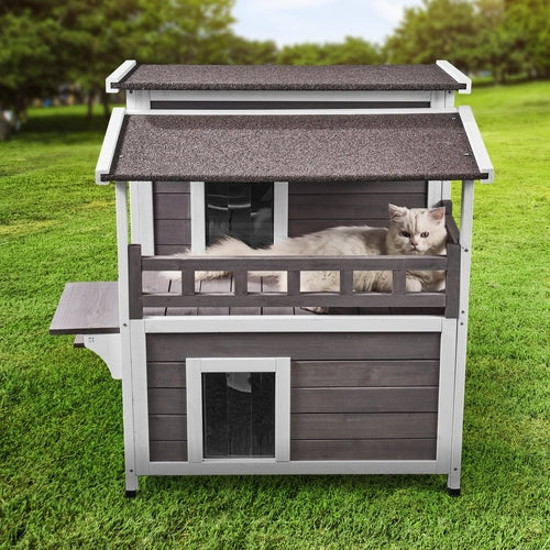 Luxury Outdoor Cat House with Balcony — Weatherproof Wooden Shelter for Multiple Cats